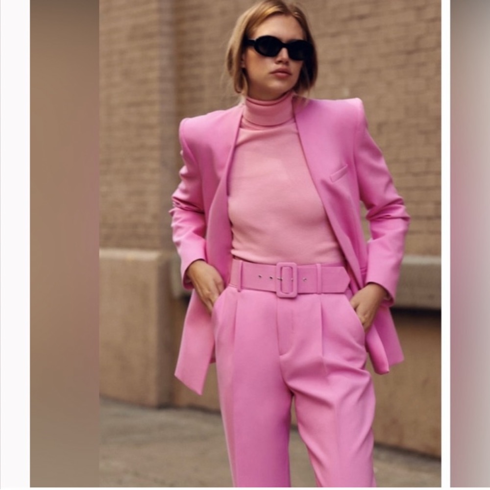 🩵 ZARA Bubblegum Pink Belted Trousers Pants & Matching Blazer Suit